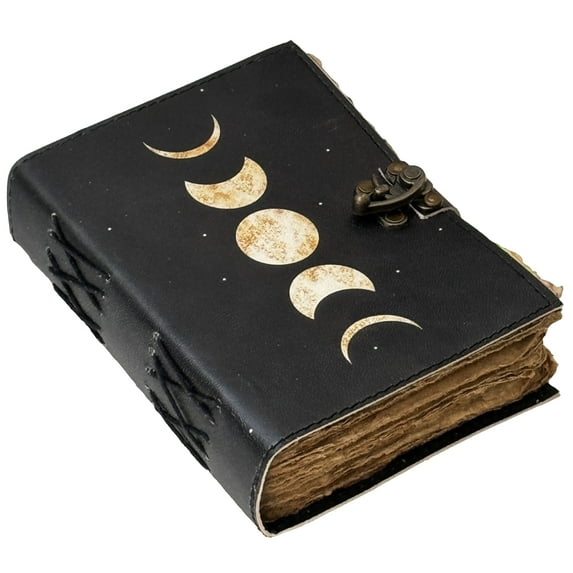 Spell Book of Shadows Moon Phases Leather Journal Grimoire With Vintage Deckled Edge Paper 7x5 inch 200 Pages