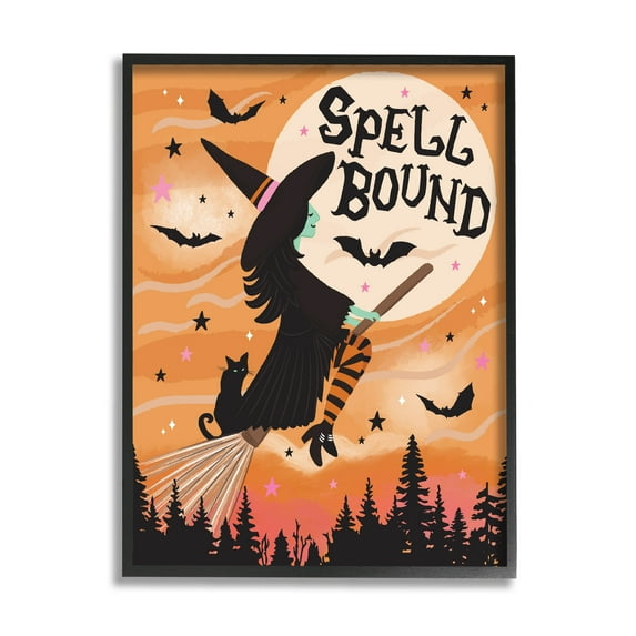 Spell Bound Witch Flying Moonlit Sky Holiday Graphic Art Black Framed Art Print Wall Art