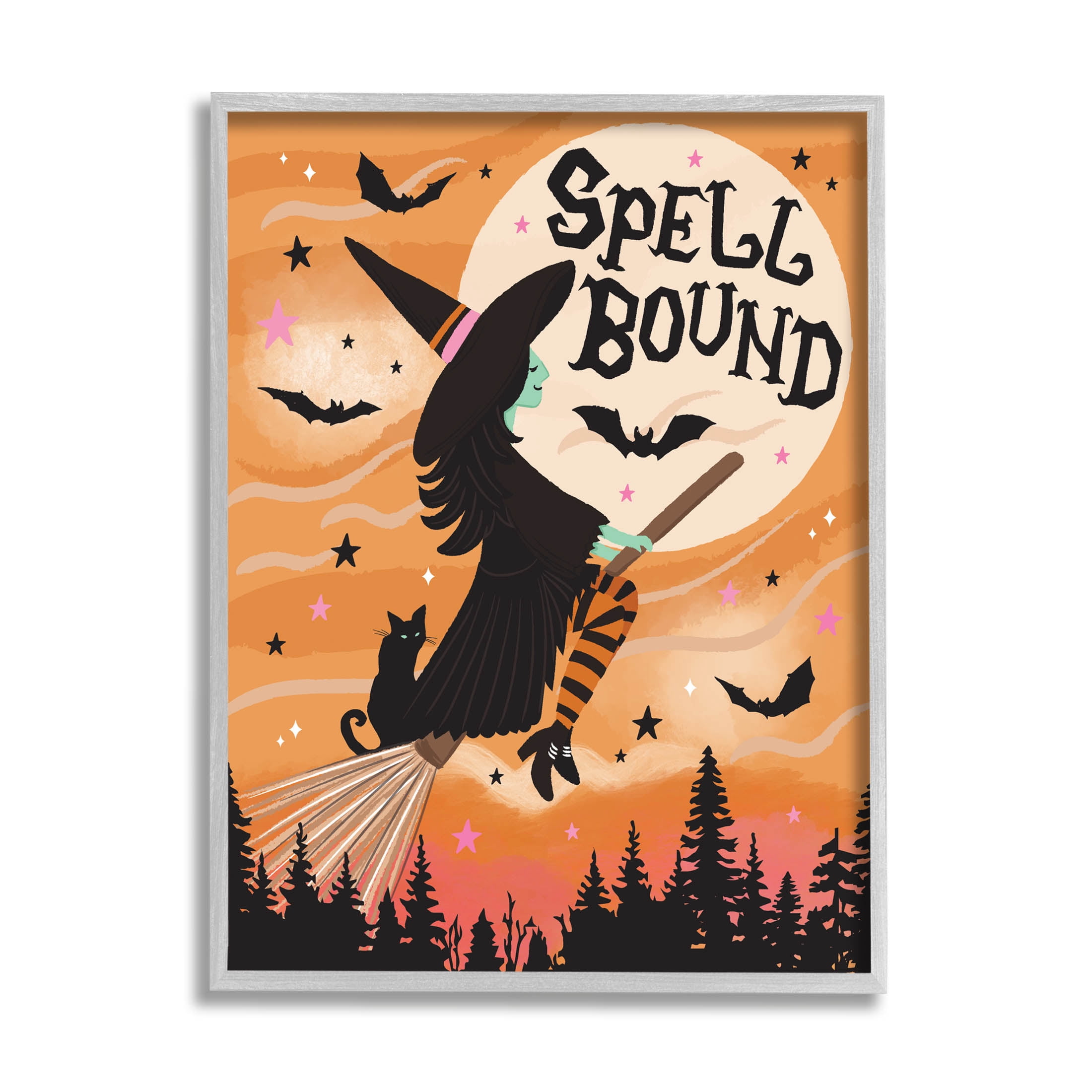 Spell Bound Witch Flying Moonlit Sky Holiday Graphic Art Gray Framed Art Print Wall Art