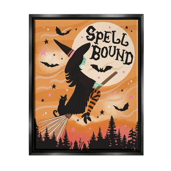 Spell Bound Witch Flying Moonlit Sky Holiday Graphic Art Jet Black Framed Art Print Wall Art