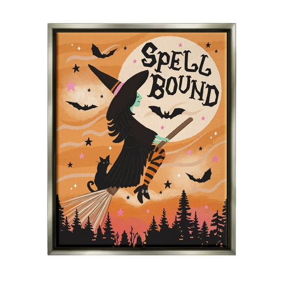 Spell Bound Witch Flying Moonlit Sky Holiday Graphic Art Luster Gray Framed Art Print Wall Art