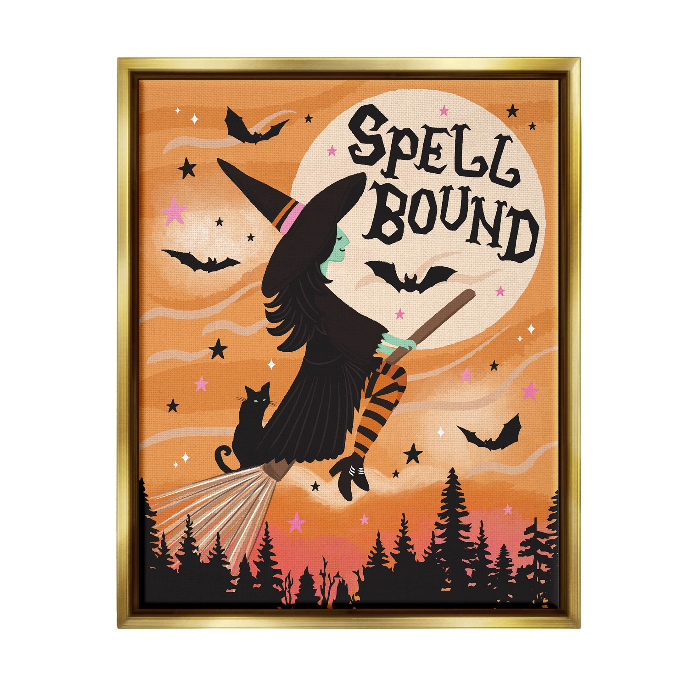 Spell Bound Witch Flying Moonlit Sky Holiday Graphic Art Metallic Gold Framed Art Print Wall Art