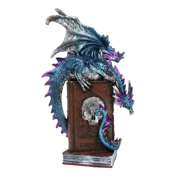 Spell Caster Metallic Ocean Dragon Perching On Necromancy Skull Books Figurine
