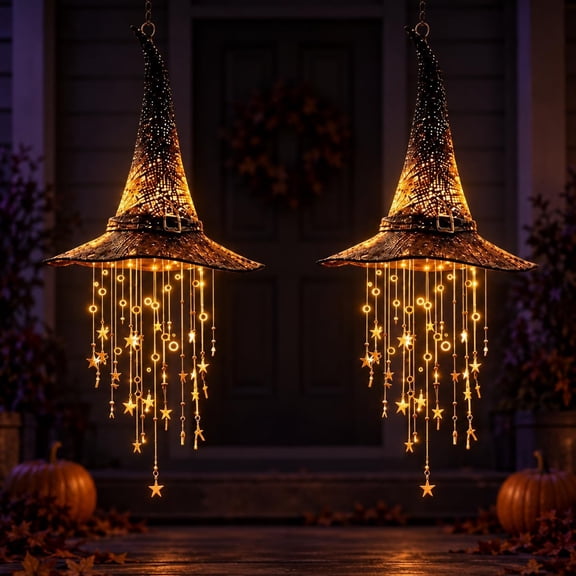 Spell Glow Halloween Lighted Witch Hat Hanging Wind Chime Float Decor Lamp Light up Floating Magical Witch Hats to Hang Hollow-Work Warm Glow Cascading Star Tassels Wind Chime Halloween Party
