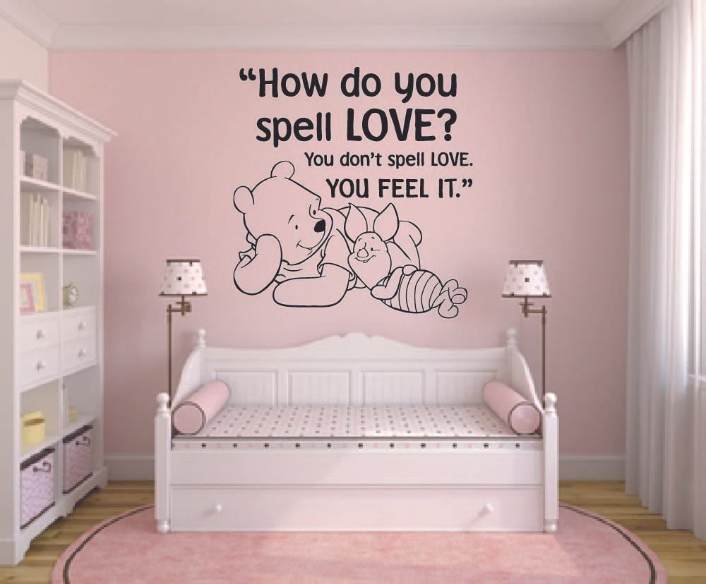 Spell Love Winnie The Pooh Quote Disney Cartoon Quotes Wall Sticker Art Decal for Girls Boys Room Bedroom Nursery Kindergarten House Fun Home Decor Stickers Wall Art Vinyl Decoration Size (20x20 inch)