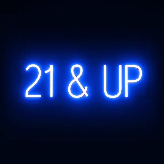 SpellBrite 21 & UP LED Sign for Business. 22.8" x 6.3" Blue 21 & UP Sign Has Neon Sign Look With Energy Efficient LED Light Source. Visible from 500+ Feet, 8 Animation Settings.