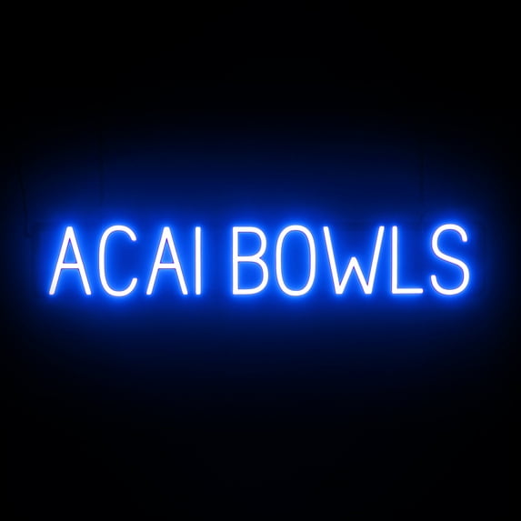 SpellBrite ACAI BOWLS LED Sign for Business. 37.2" x 6.3" Blue ACAI BOWLS Sign Has Neon Sign Look With Energy Efficient LED Light Source. Visible from 500+ Feet, 8 Animation Settings.