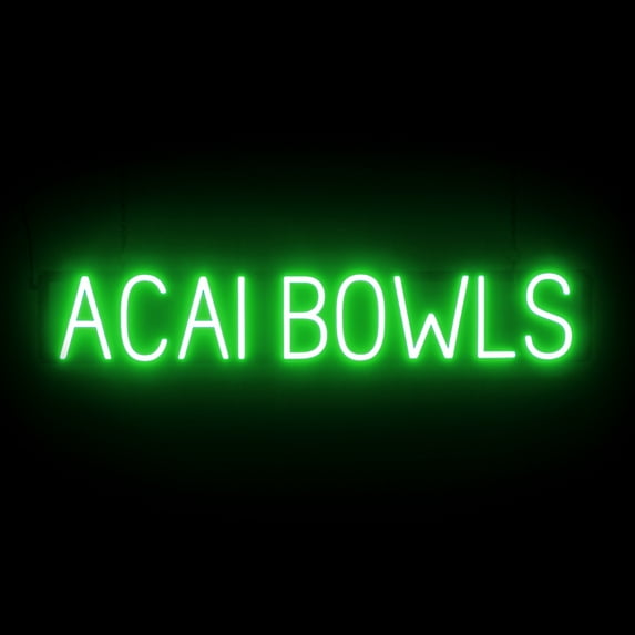 SpellBrite ACAI BOWLS LED Sign for Business. 37.2" x 6.3" Green ACAI BOWLS Sign Has Neon Sign Look With Energy Efficient LED Light Source. Visible from 500+ Feet, 8 Animation Settings.