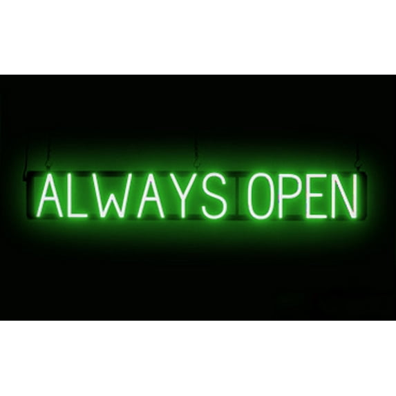 SpellBrite ALWAYS OPEN Neon-LED Sign for Business. 43.3" x 6.3" Ultra Bright, Energy Efficient, Long-Life LED. Visible Indoors from 500+ Feet with 8 Animation Settings (Green)