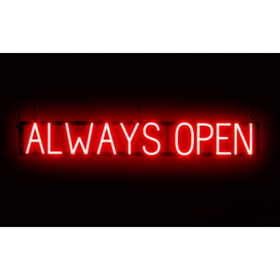 SpellBrite ALWAYS OPEN Neon-LED Sign for Business. 43.3" x 6.3" Ultra Bright, Energy Efficient, Long-Life LED. Visible Indoors from 500+ Feet with 8 Animation Settings (Red)