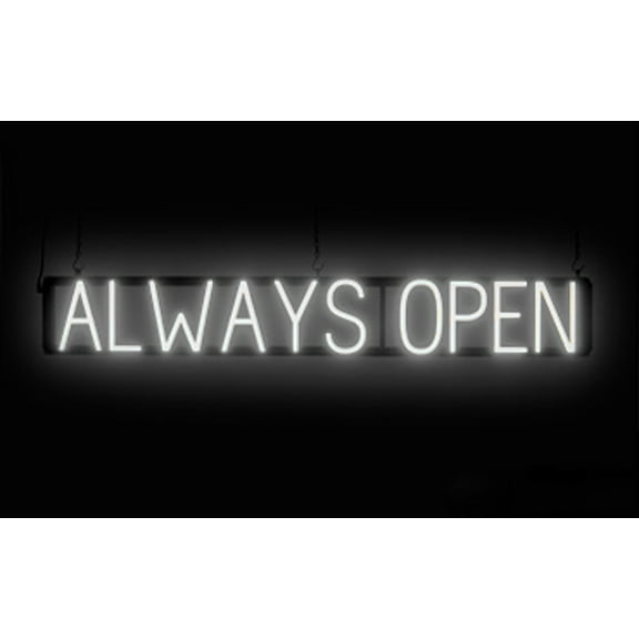 SpellBrite ALWAYS OPEN Neon-LED Sign for Business. 43.3" x 6.3" Ultra Bright, Energy Efficient, Long-Life LED. Visible Indoors from 500+ Feet with 8 Animation Settings (White)