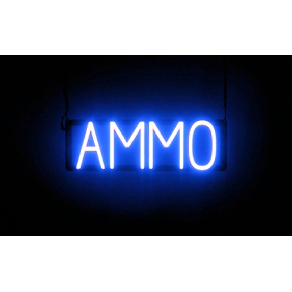 SpellBrite AMMO LED Sign for Business. 19.6" x 6.3" Blue AMMO Sign Has Neon Sign Look With Energy Efficient LED Light Source. Visible from 500+ Feet, 8 Animation Settings.