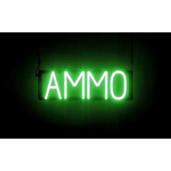 SpellBrite AMMO LED Sign for Business. 19.6" x 6.3" Green AMMO Sign Has Neon Sign Look With Energy Efficient LED Light Source. Visible from 500+ Feet, 8 Animation Settings.