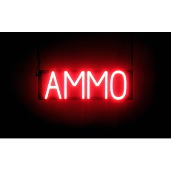 SpellBrite AMMO LED Sign for Business. 19.6" x 6.3" Red AMMO Sign Has Neon Sign Look With Energy Efficient LED Light Source. Visible from 500+ Feet, 8 Animation Settings.