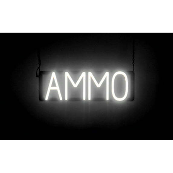 SpellBrite AMMO LED Sign for Business. 19.6" x 6.3" White AMMO Sign Has Neon Sign Look With Energy Efficient LED Light Source. Visible from 500+ Feet, 8 Animation Settings.