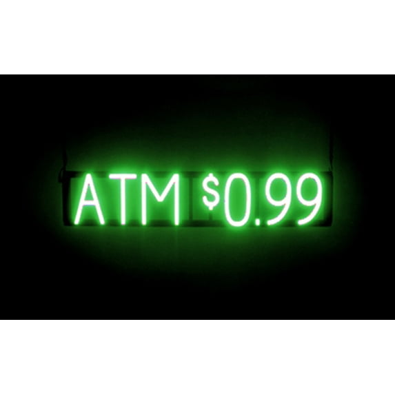 SpellBrite ATM $0.99 LED Sign for Business. 30.5" x 6.3" Green ATM $0.99 Sign Has Neon Sign Look With Energy Efficient LED Light Source. Visible from 500+ Feet, 8 Animation Settings.