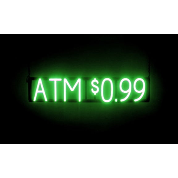 SpellBrite ATM $0.99 LED Sign for Business. 30.5" x 6.3" Green ATM $0.99 Sign Has Neon Sign Look With Energy Efficient LED Light Source. Visible from 500+ Feet, 8 Animation Settings.