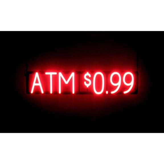 SpellBrite ATM $0.99 LED Sign for Business. 30.5" x 6.3" Red ATM $0.99 Sign Has Neon Sign Look With Energy Efficient LED Light Source. Visible from 500+ Feet, 8 Animation Settings.