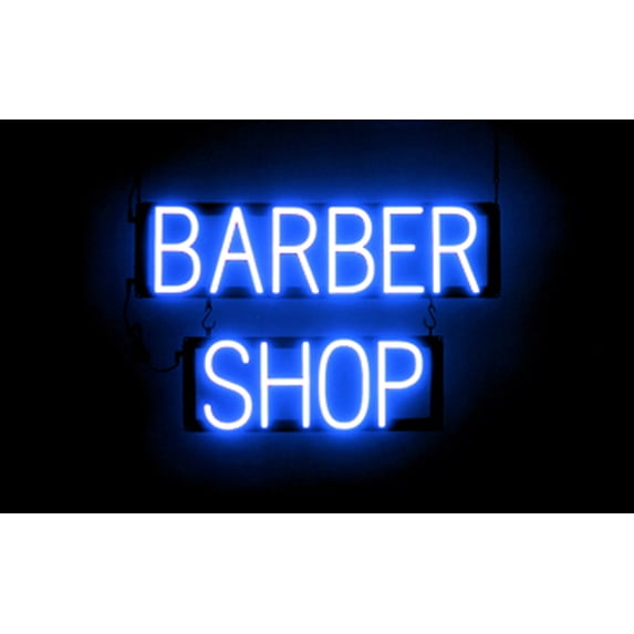 SpellBrite BARBER SHOP LED Sign for Business. 23.8" x 15.0" Blue BARBER SHOP Sign Has Neon Sign Look With Energy Efficient LED Light Source. Visible from 500+ Feet, 8 Animation Settings.