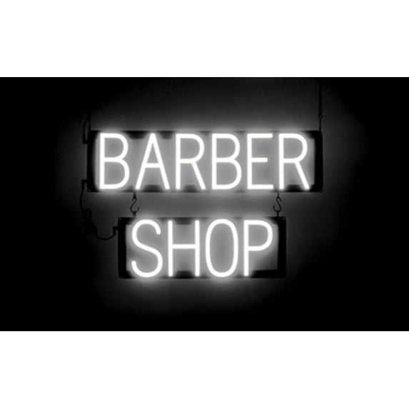 SpellBrite BARBER SHOP LED Sign for Business. 23.8" x 15.0" White BARBER SHOP Sign Has Neon Sign Look With Energy Efficient LED Light Source. Visible from 500+ Feet, 8 Animation Settings.