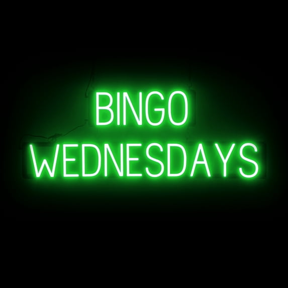 SpellBrite BINGO WEDNESDAYS LED Sign for Business. 41.3" x 15" Green BINGO WEDNESDAYS Sign Has Neon Sign Look With Energy Efficient LED Light Source. Visible from 500+ Feet, 8 Animation Settings.