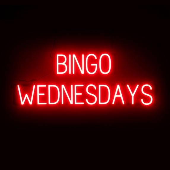SpellBrite BINGO WEDNESDAYS LED Sign for Business. 41.3" x 15" Red BINGO WEDNESDAYS Sign Has Neon Sign Look With Energy Efficient LED Light Source. Visible from 500+ Feet, 8 Animation Settings.