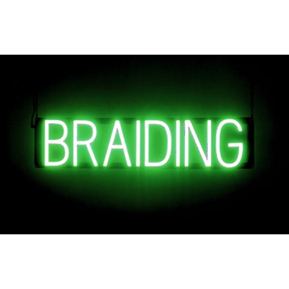 SpellBrite BRAIDING LED Sign for Business. 27.0" x 6.3" Green BRAIDING Sign Has Neon Sign Look With Energy Efficient LED Light Source. Visible from 500+ Feet, 8 Animation Settings.