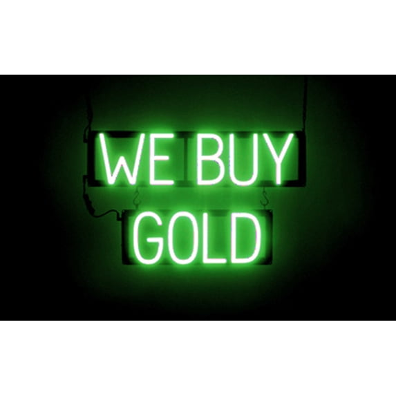 SpellBrite WE BUY GOLD LED Sign for Business. 24.3" x 15.0" Green WE BUY GOLD Sign Has Neon Sign Look With Energy Efficient LED Light Source. Visible from 500+ Feet, 8 Animation Settings.