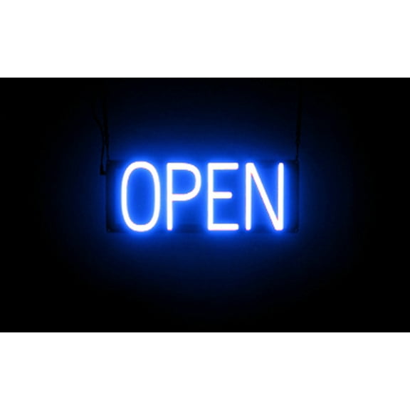 SpellBrite Battery Operated OPEN LED Sign for Business. 16.5" x 6.3" Blue OPEN Sign Has Neon Sign Look With Energy Efficient LED Light Source. Visible from 500+ Feet, 8 Animation Settings.