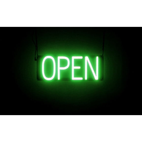 SpellBrite Battery Operated OPEN LED Sign for Business. 16.5" x 6.3" Green OPEN Sign Has Neon Sign Look With Energy Efficient LED Light Source. Visible from 500+ Feet, 8 Animation Settings.