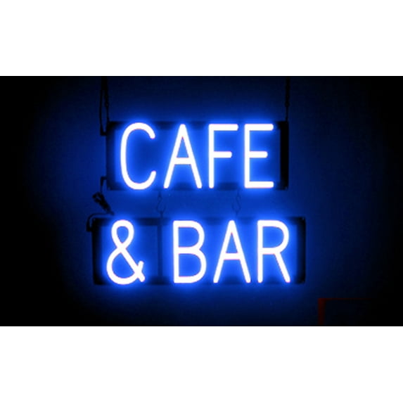 SpellBrite CAFE & BAR LED Sign for Business. 19.6" x 15.0" Blue CAFE & BAR Sign Has Neon Sign Look With Energy Efficient LED Light Source. Visible from 500+ Feet, 8 Animation Settings.