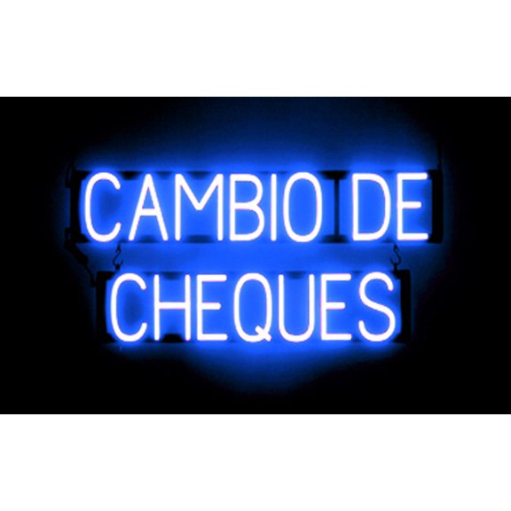 SpellBrite CAMBIO DE CHEQUES LED Sign for Business. 32.3" x 15.0" Blue CAMBIO DE CHEQUES Sign Has Neon Sign Look With Energy Efficient LED Light Source. Visible from 500+ Feet, 8 Animation Settings.