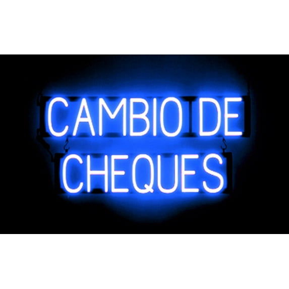 SpellBrite CAMBIO DE CHEQUES LED Sign for Business. 32.3" x 15.0" Blue CAMBIO DE CHEQUES Sign Has Neon Sign Look With Energy Efficient LED Light Source. Visible from 500+ Feet, 8 Animation Settings.
