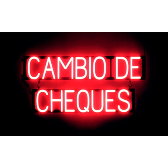 SpellBrite CAMBIO DE CHEQUES LED Sign for Business. 32.3" x 15.0" Red CAMBIO DE CHEQUES Sign Has Neon Sign Look With Energy Efficient LED Light Source. Visible from 500+ Feet, 8 Animation Settings.