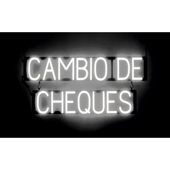 SpellBrite CAMBIO DE CHEQUES LED Sign for Business. 32.3" x 15.0" White CAMBIO DE CHEQUES Sign Has Neon Sign Look With Energy Efficient LED Light Source. Visible from 500+ Feet, 8 Animation Settings.