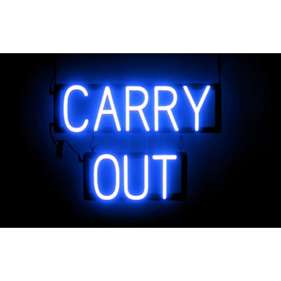 SpellBrite CARRY OUT LED Sign for Business. 34.7" x 15.0" Blue CARRY OUT Sign Has Neon Sign Look With Energy Efficient LED Light Source. Visible from 500+ Feet, 8 Animation Settings.