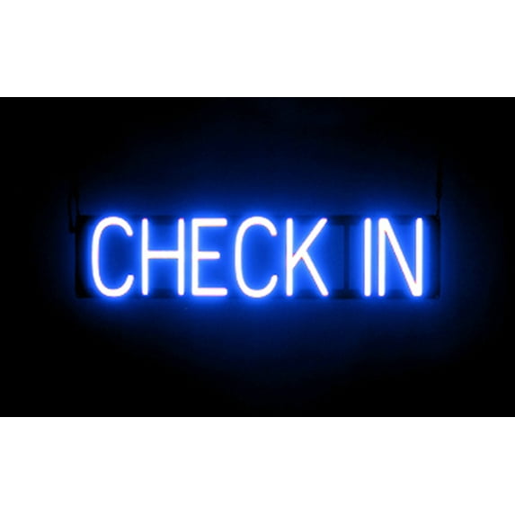 SpellBrite CHECK IN LED Sign for Business. 27.3" x 6.3" Blue CHECK IN Sign Has Neon Sign Look With Energy Efficient LED Light Source. Visible from 500+ Feet, 8 Animation Settings.