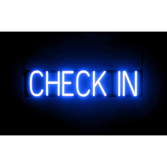 SpellBrite CHECK IN LED Sign for Business. 27.3" x 6.3" Blue CHECK IN Sign Has Neon Sign Look With Energy Efficient LED Light Source. Visible from 500+ Feet, 8 Animation Settings.
