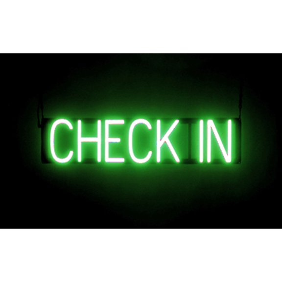 SpellBrite CHECK IN LED Sign for Business. 27.3" x 6.3" Green CHECK IN Sign Has Neon Sign Look With Energy Efficient LED Light Source. Visible from 500+ Feet, 8 Animation Settings.