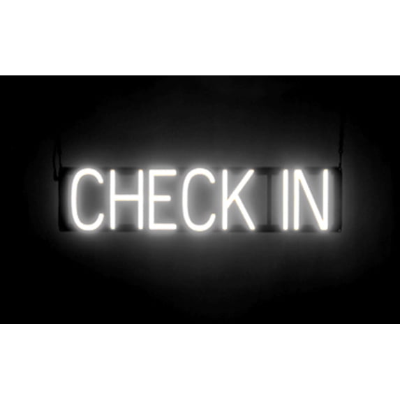 SpellBrite CHECK IN LED Sign for Business. 27.3" x 6.3" White CHECK IN Sign Has Neon Sign Look With Energy Efficient LED Light Source. Visible from 500+ Feet, 8 Animation Settings.