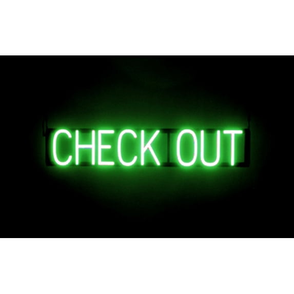 SpellBrite CHECK OUT LED Sign for Business. 33.7" x 6.3" Green CHECK OUT Sign Has Neon Sign Look With Energy Efficient LED Light Source. Visible from 500+ Feet, 8 Animation Settings.
