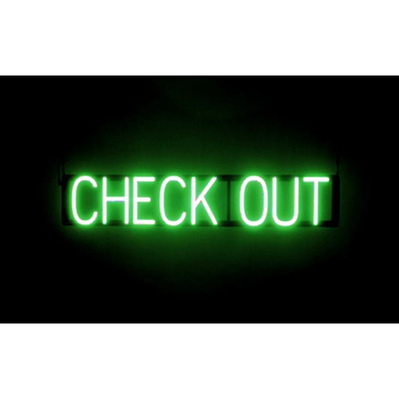 SpellBrite CHECK OUT LED Sign for Business. 33.7" x 6.3" Green CHECK OUT Sign Has Neon Sign Look With Energy Efficient LED Light Source. Visible from 500+ Feet, 8 Animation Settings.