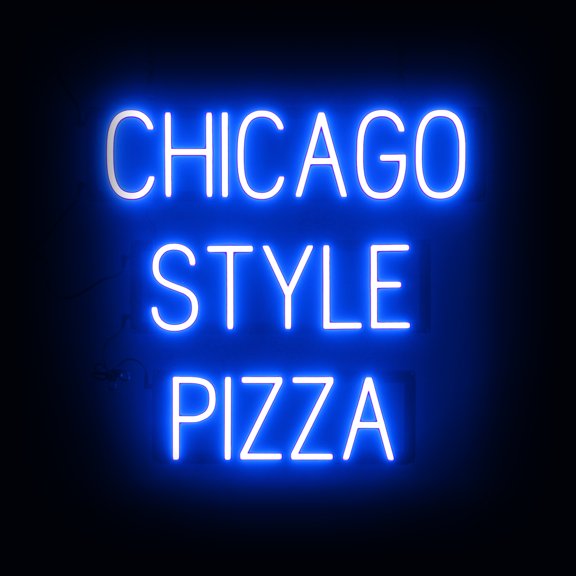 SpellBrite CHICAGO STYLE PIZZA LED Sign for Business. 26.4" x 23.8" Blue CHICAGO STYLE PIZZA Sign Has Neon Sign Look With Energy Efficient LED Light Source. Visible from 500+ Feet, 8 Animations.