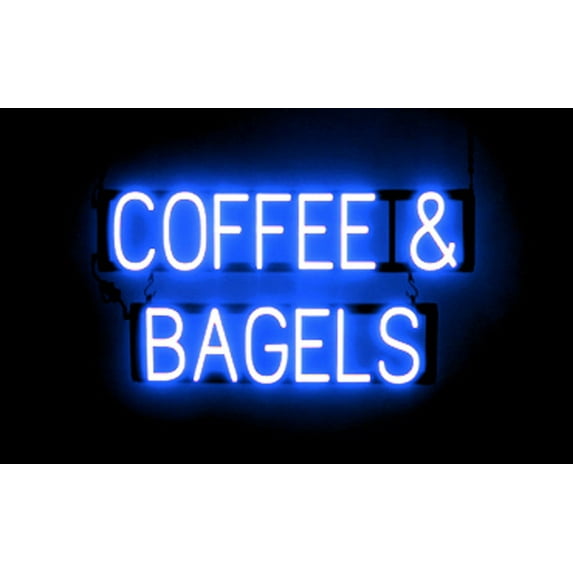 SpellBrite COFFEE & BAGELS LED Sign for Business. 29.9" x 15.0" Blue COFFEE & BAGELS Sign Has Neon Sign Look With Energy Efficient LED Light Source. Visible from 500+ Feet, 8 Animation Settings.