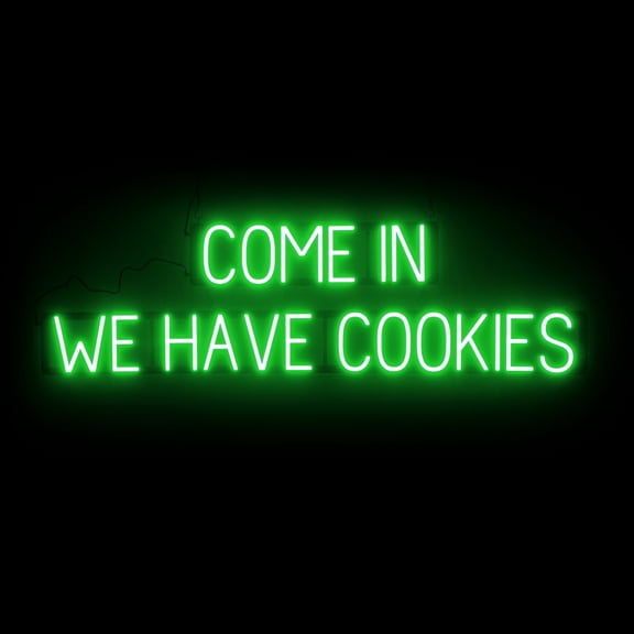 SpellBrite COME IN WE HAVE COOKIES LED Sign for Business. 53.6" x 15" Green COME IN WE HAVE COOKIES Sign Has Neon Sign Look, Energy Efficient LED Light Source. Visible from 500+ Feet, 8 Animations.
