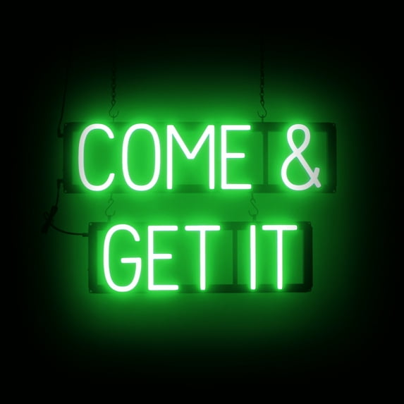 SpellBrite COME & GET IT LED Sign for Business. 23.9" x 15.0" Green COME & GET IT Sign Has Neon Sign Look With Energy Efficient LED Light Source. Visible from 500+ Feet, 8 Animation Settings.