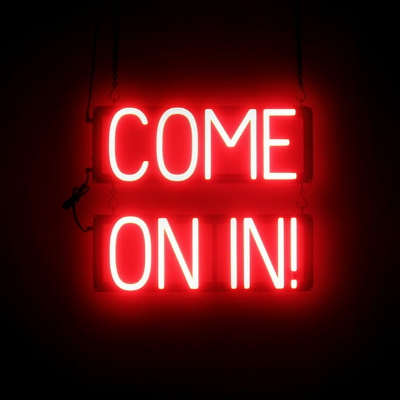 SpellBrite COME ON IN! LED Sign for Business. 17.8" x 15.0" Red COME ON IN! Sign Has Neon Sign Look With Energy Efficient LED Light Source. Visible from 500+ Feet, 8 Animation Settings.