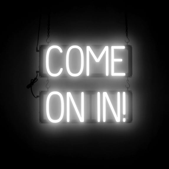 SpellBrite COME ON IN! LED Sign for Business. 17.8" x 15.0" White COME ON IN! Sign Has Neon Sign Look With Energy Efficient LED Light Source. Visible from 500+ Feet, 8 Animation Settings.