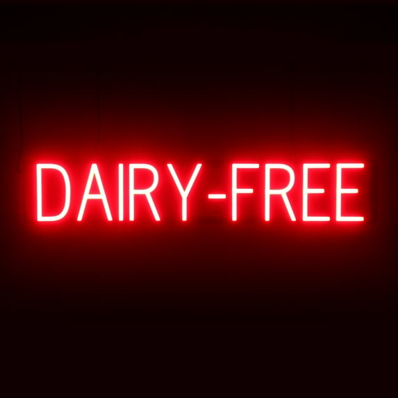 SpellBrite DAIRY-FREE LED Sign for Business. 34.3" x 6.3" Red DAIRY-FREE Sign Has Neon Sign Look With Energy Efficient LED Light Source. Visible from 500+ Feet, 8 Animation Settings.