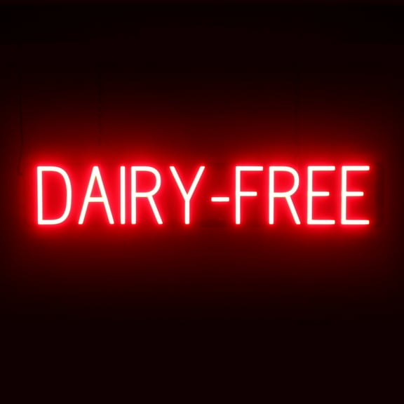 SpellBrite DAIRY-FREE LED Sign for Business. 34.3" x 6.3" Red DAIRY-FREE Sign Has Neon Sign Look With Energy Efficient LED Light Source. Visible from 500 Feet, 8 Animation Settings.